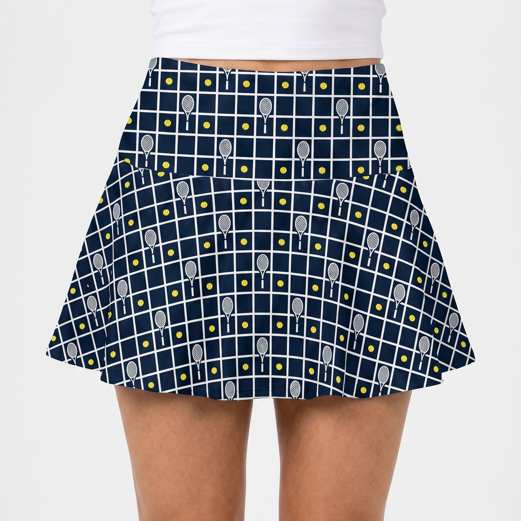 Navy blue tennis skirt with pattern on a white background
