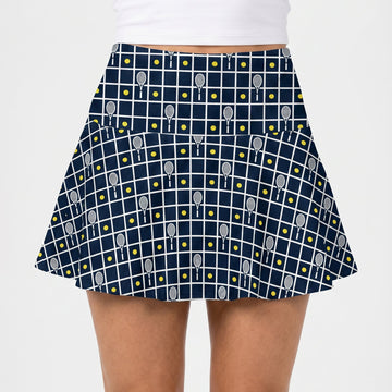 Navy blue tennis skirt with pattern on a white background