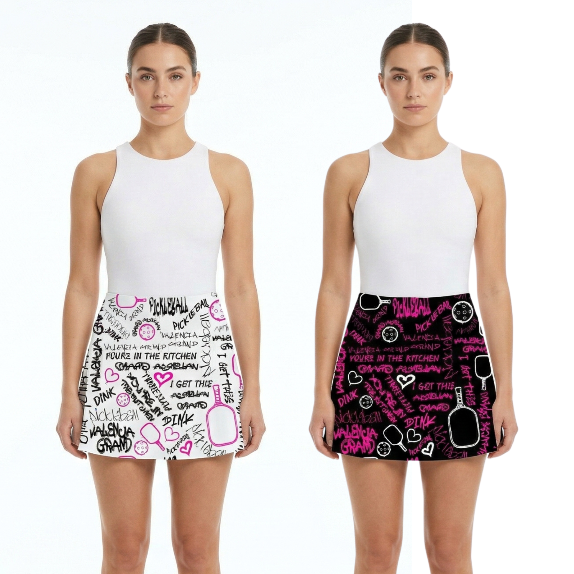 Two identical skirts with different color schemes worn by a model on a white background