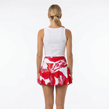 floral red skirt on woman from the back